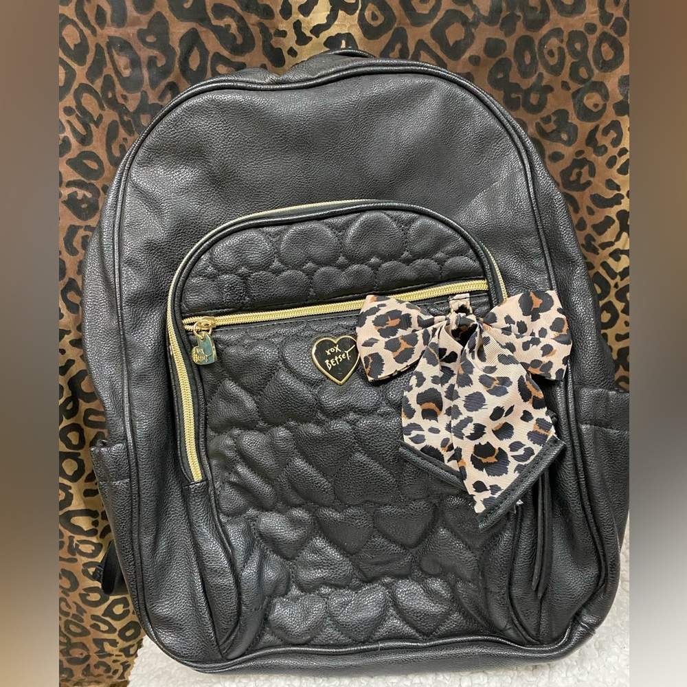 Betsey Johnson Backpack black with leopard bow and quilted hearts